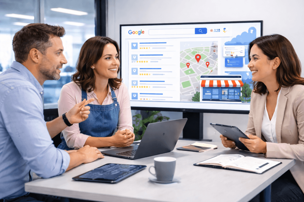 Mindwebix's SEO experts helping a small business owner improve local search visibility, professional consultation setting, digital maps and analytics